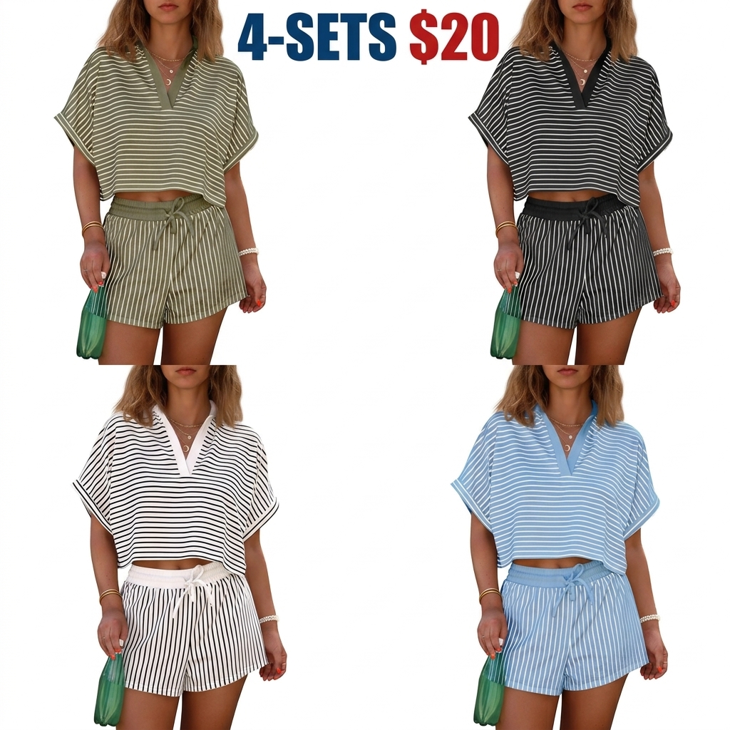 Womens Striped 2 Piece Short Sets