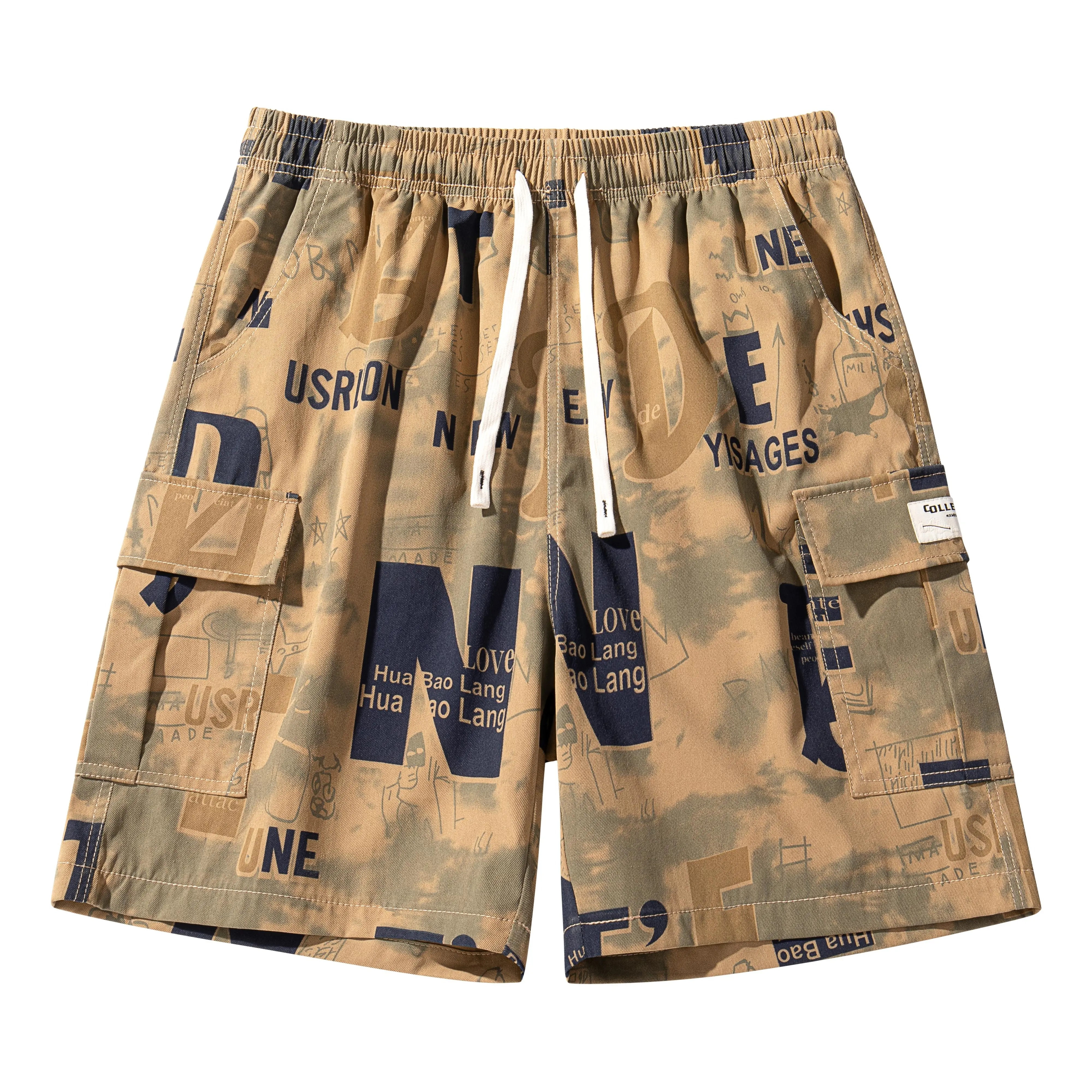 Men’s summer shorts with letter print, drawstring, and multiple pockets