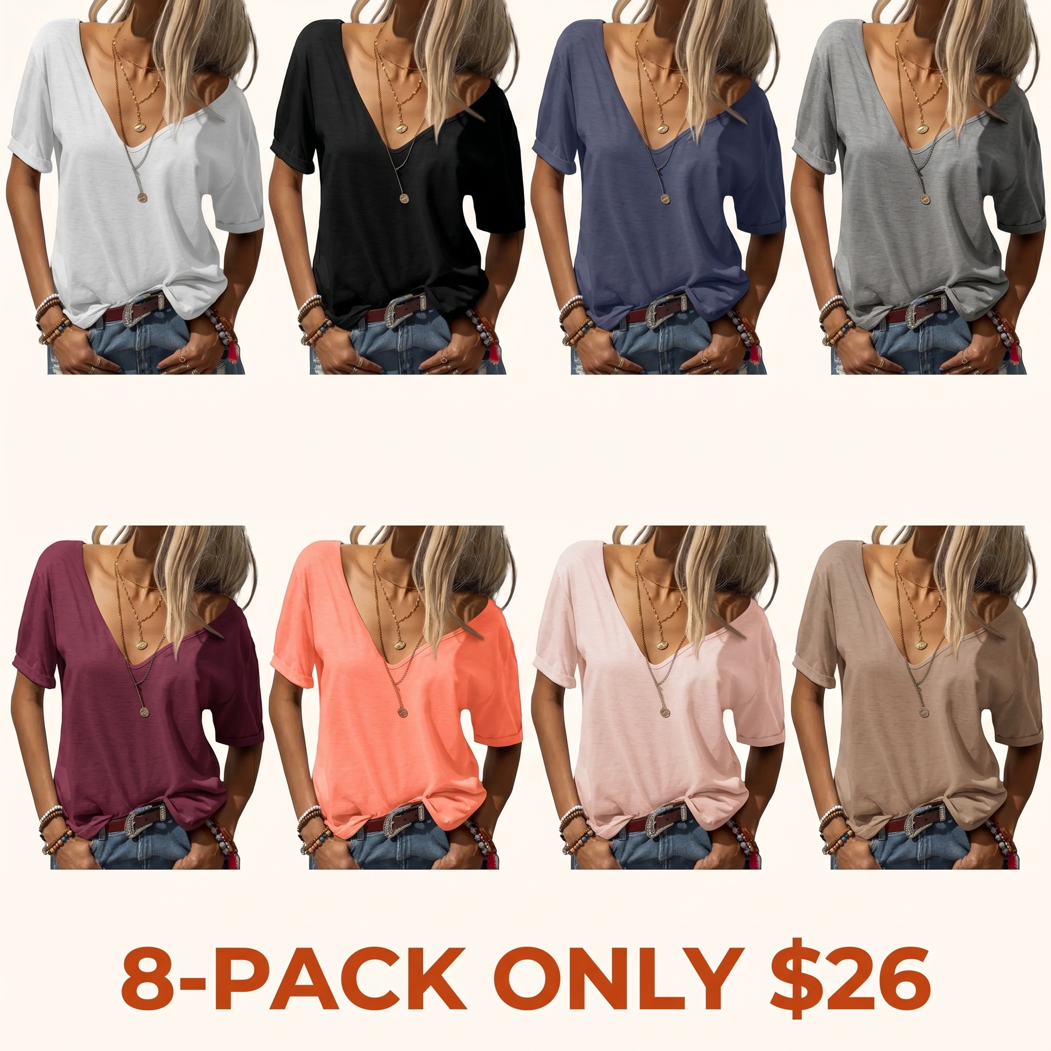 Women's Fashion Deep V-Neck Short Sleeve Tops Solid Casual Loose Basic T Shirt