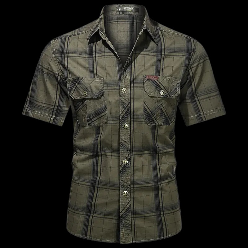 Men’s summer 100% cotton plaid short-sleeve shirt, breathable skin-friendly fabric