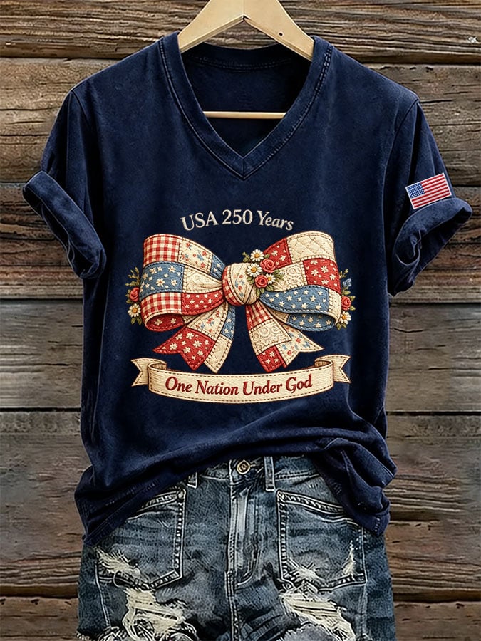 Women's USA 250 Years One Nation Under God Print V Neck T-shirt