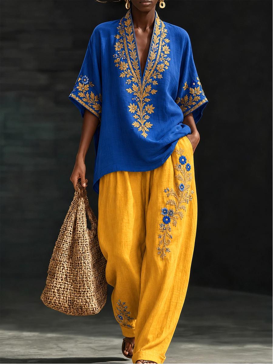 Women’s Blue Yellow Floral  2 Piece Outfit, Loose Kimono Sleeve Top and Wide Leg Pants, Summer Vacation Set
