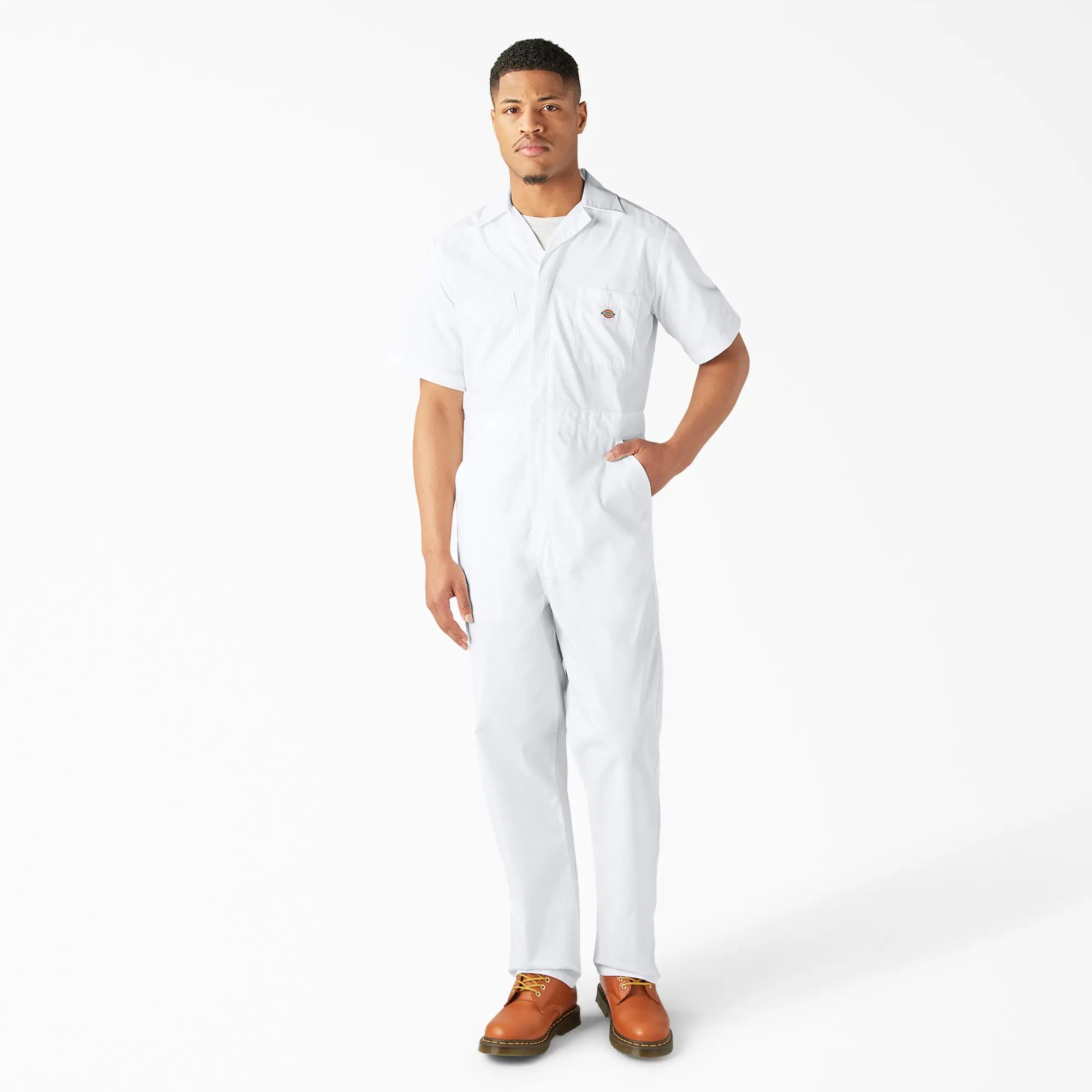 Men's short-sleeved work coveralls, designed to be worn over everyday clothing.