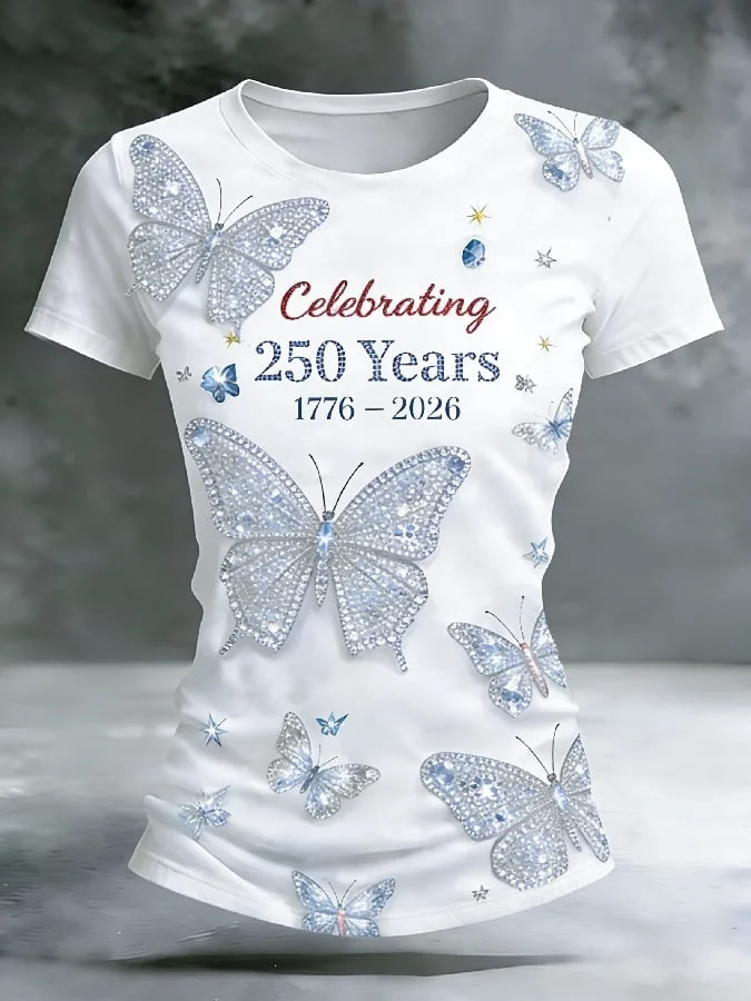 Women'S Casual Floral 250Th Anniversary Celebration Printed Round Neck T-Shirt In The United States