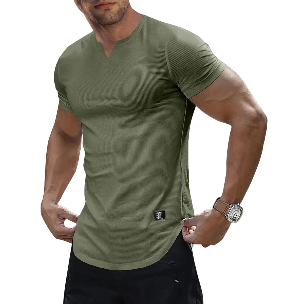 🔥Men's Plain Muscle Slim Fitted T Shirt Polyester V-Neck Longline Shirt