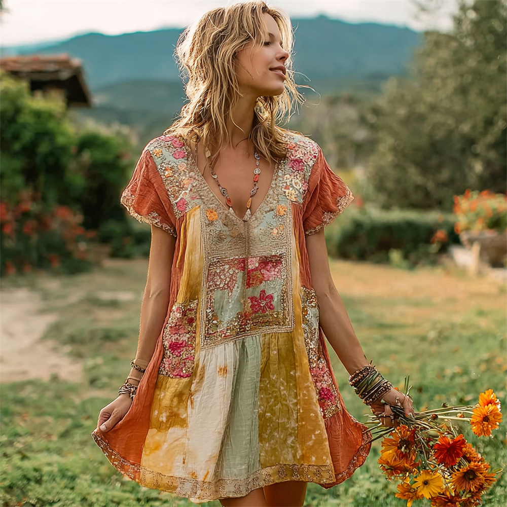 Boho Style Sunset Floral Patchwork Women's Linen Short Sleeve Mini Dress