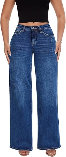 Mid-Low Rise Baggy Jeans Wide Leg for Women Distressed Pants Stretchy Bottom Lady Basic Comfortable Denim