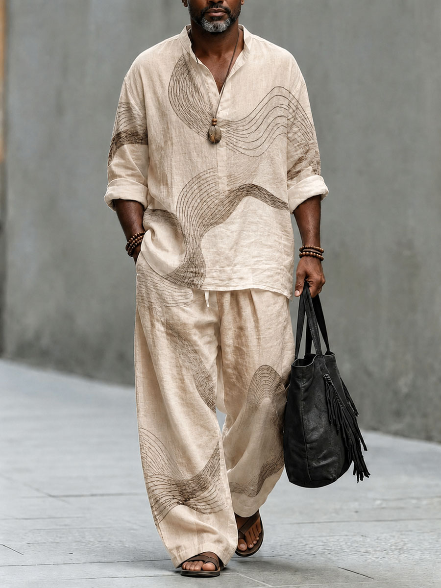 Men’s Beige Abstract Wave Print Linen-Look Casual Set – Loose Henley Shirt & Wide-Leg Pants Two-Piece Outfit
