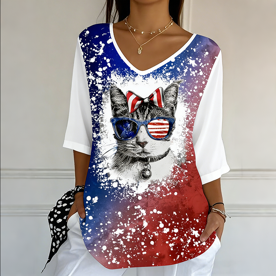 Ladies' Casual American Flag Print V-Neck Half Sleeved T-Shirt