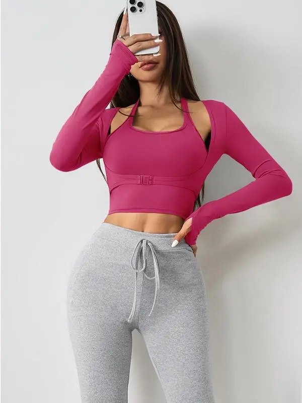 Women's Halter Crop Tank Top & Thumb Hole Sports Tee Set