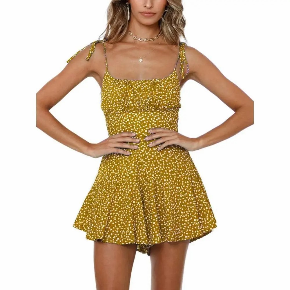 Women's Boho Floral Wide Leg Short Romper – Spaghetti Strap Smocked Jumpsuit