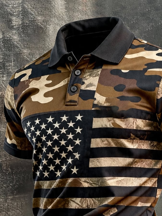 Men's Retro Patriotic Color-Block Short-Sleeve Polo Shirt