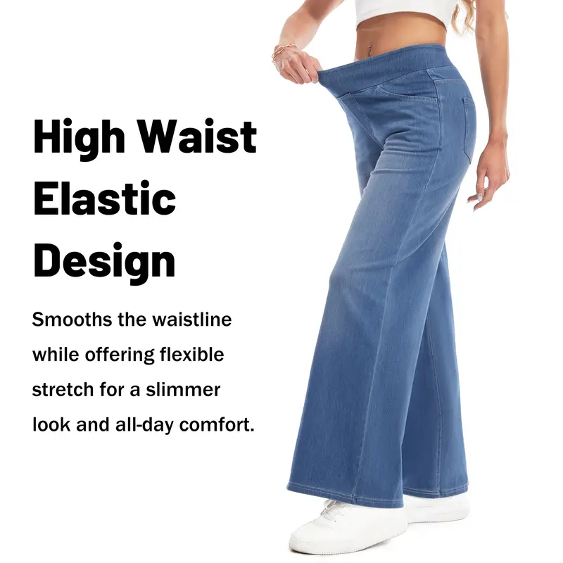 Women's Stretch Wide-Leg Jeans — Loose Fit, High-Waisted with Elastic Band