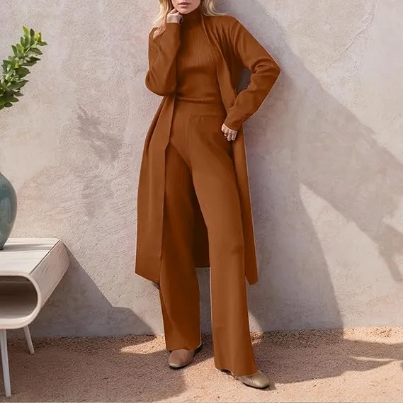 Three-Piece Set - Knit Turtleneck Tank & Wide Leg Pants With Long Cardigan