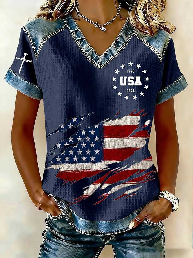 Women's Retro 250th Independence Day Round Neck Waffle Hoodie