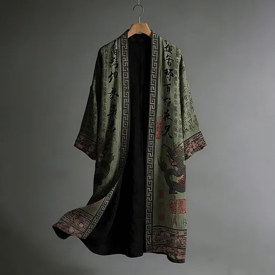 Japanese Men's Dragon Pattern Painting And Calligraphy Art Linen Long Kimono