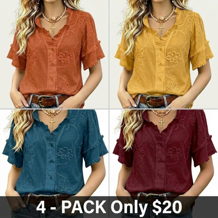 Women's Puff Sleeve Fringed Hem Blouse V Neck Button Regular Fit Casual Solid Spring Summer Top