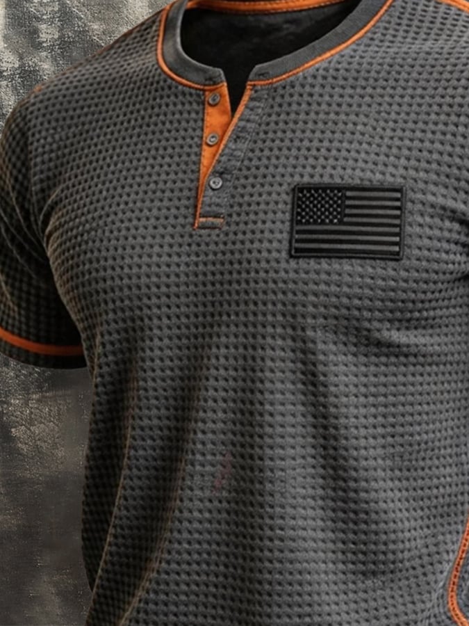 Men's Retro Color-block Waffle-Knit Henley T-Shirt