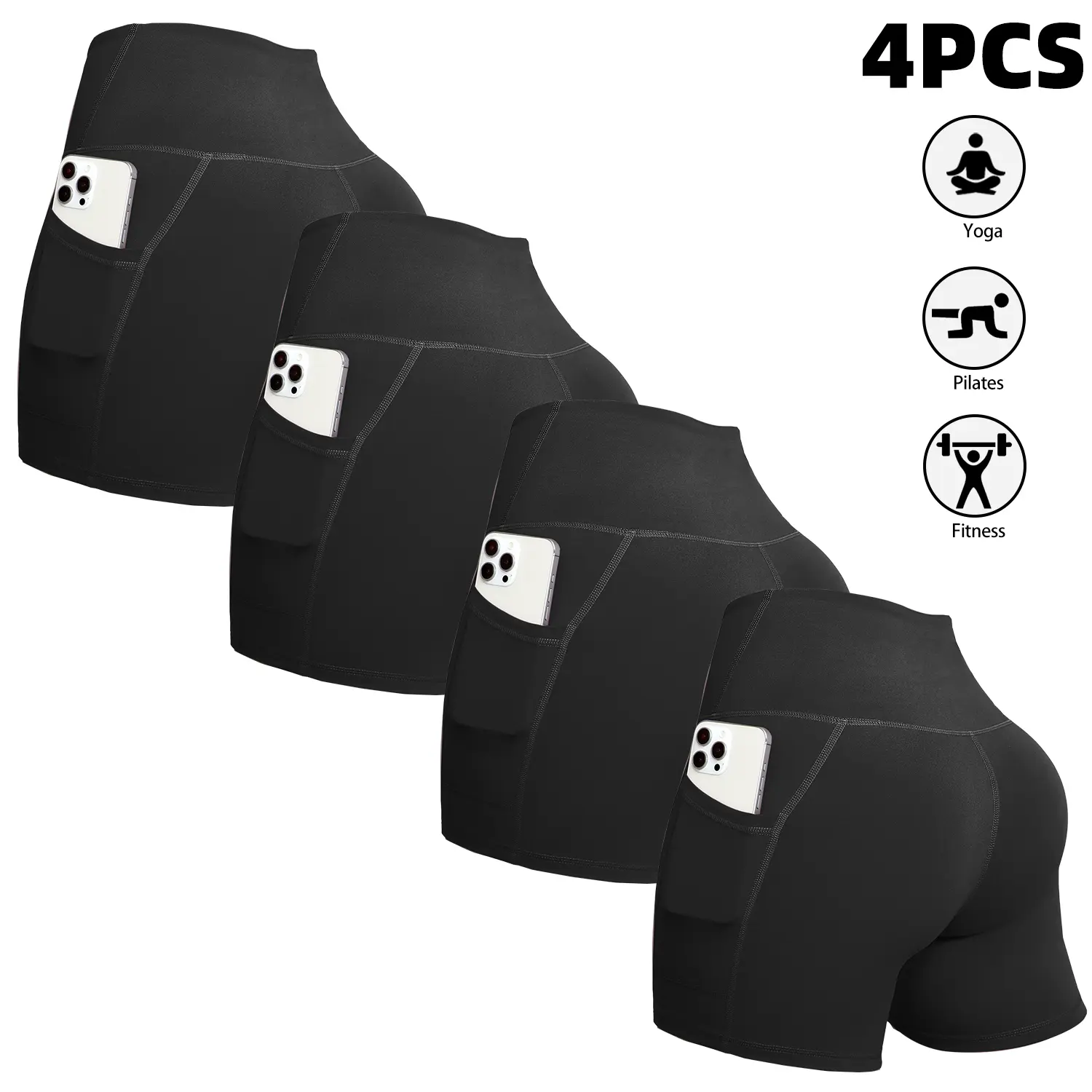Women’s High-Waist Pocket Biker Shorts Set (4-Pack)