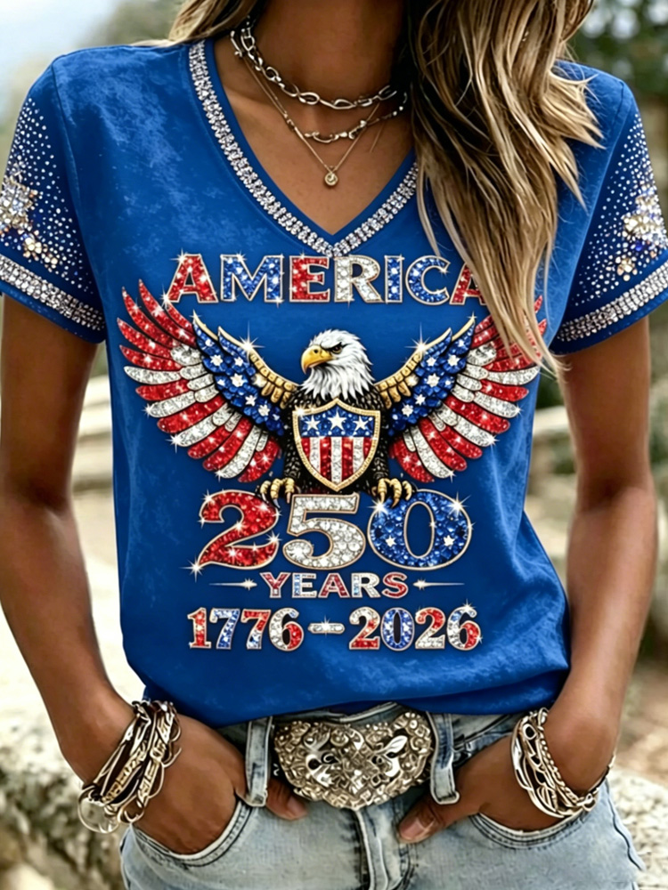American 250th Anniversary Rhinestone Design Women's V Neck T-Shirt