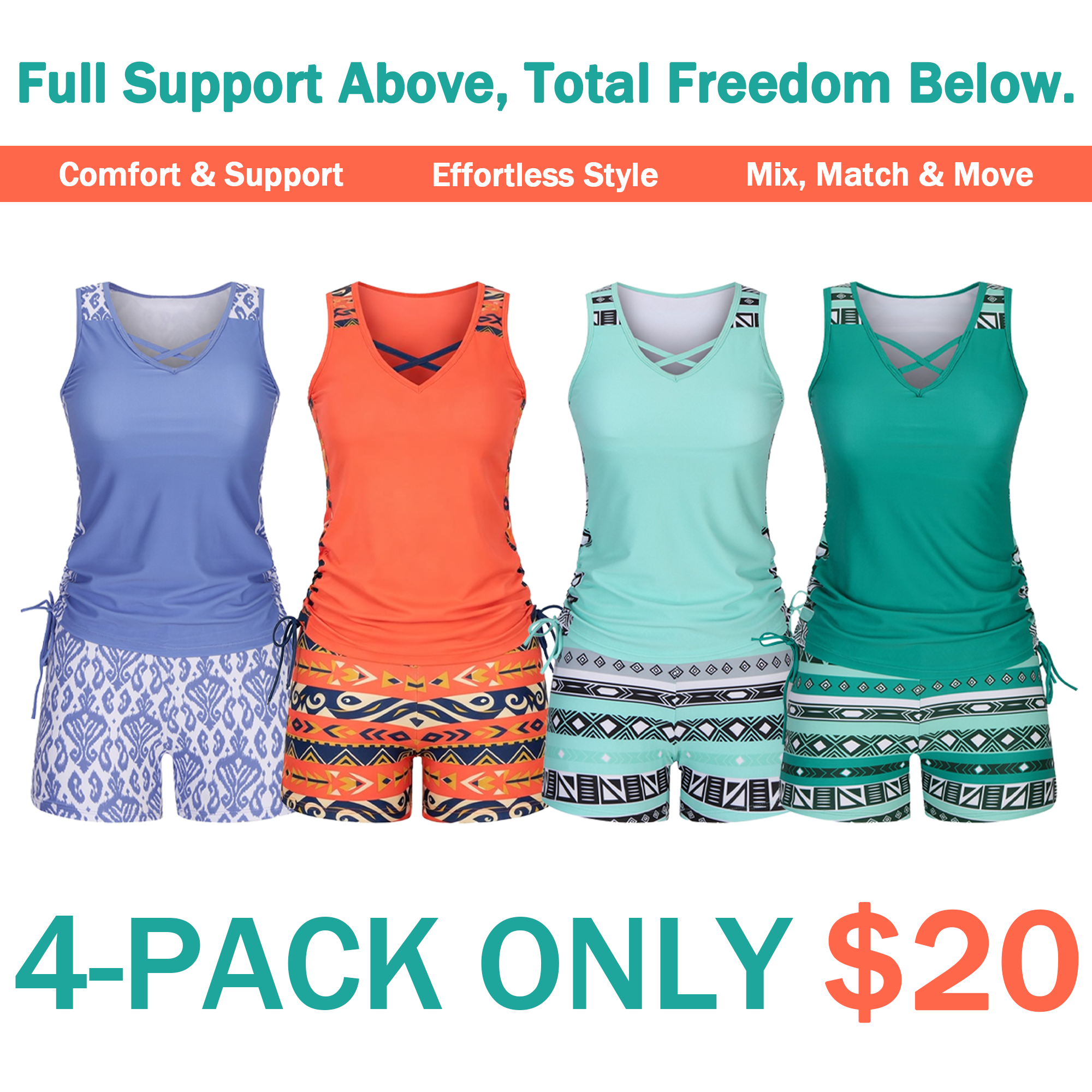 ⏰LAST DAY 90% OFF - Women's 2-Piece Tummy Control Tankini Set with Built-In Bra – Flattering Boho Swimwear with Shorts