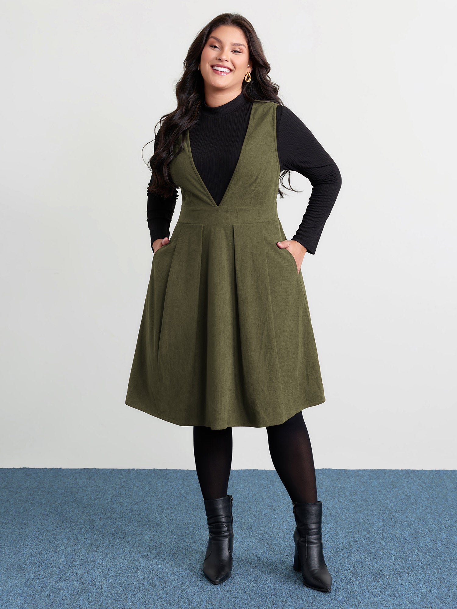 Corduroy Stretchy Waist V-Neck Mini Dress