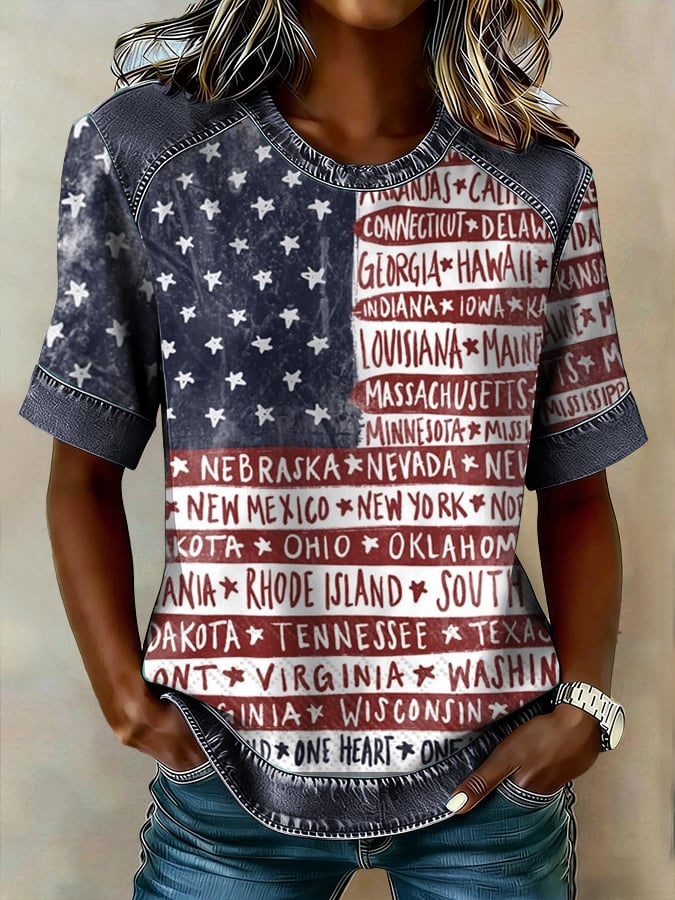 Women's Retro National Flag Print Color Block T-shirt