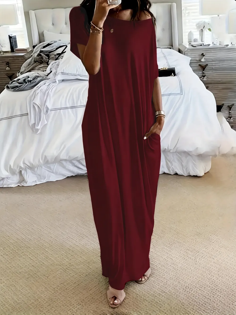 Women's Solid Color Batwing Sleeve Lounge Dress