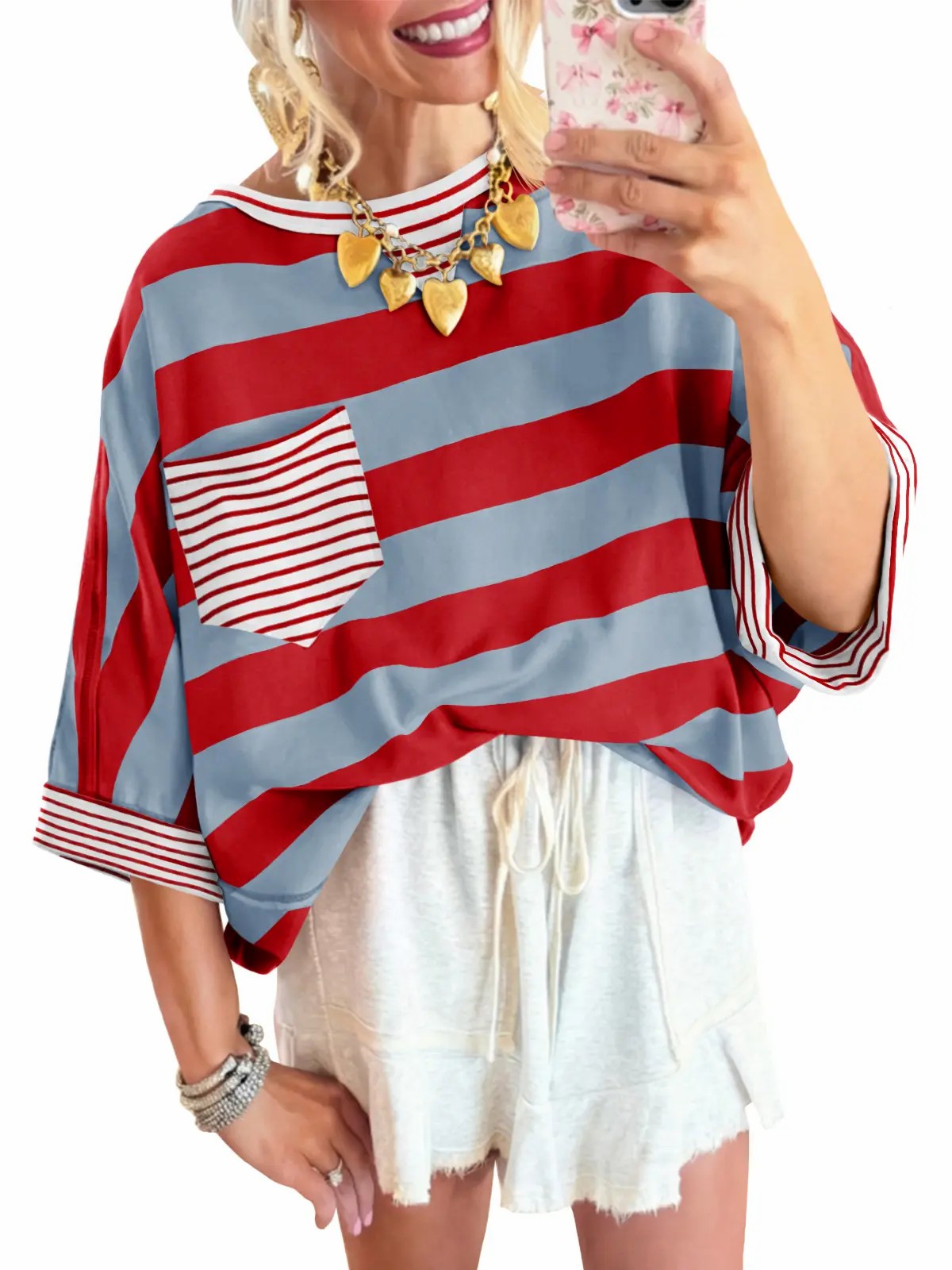 Women's Striped Drop Shoulder Cotton T-Shirt – Loose Fit Half Sleeve Pocket Blouse