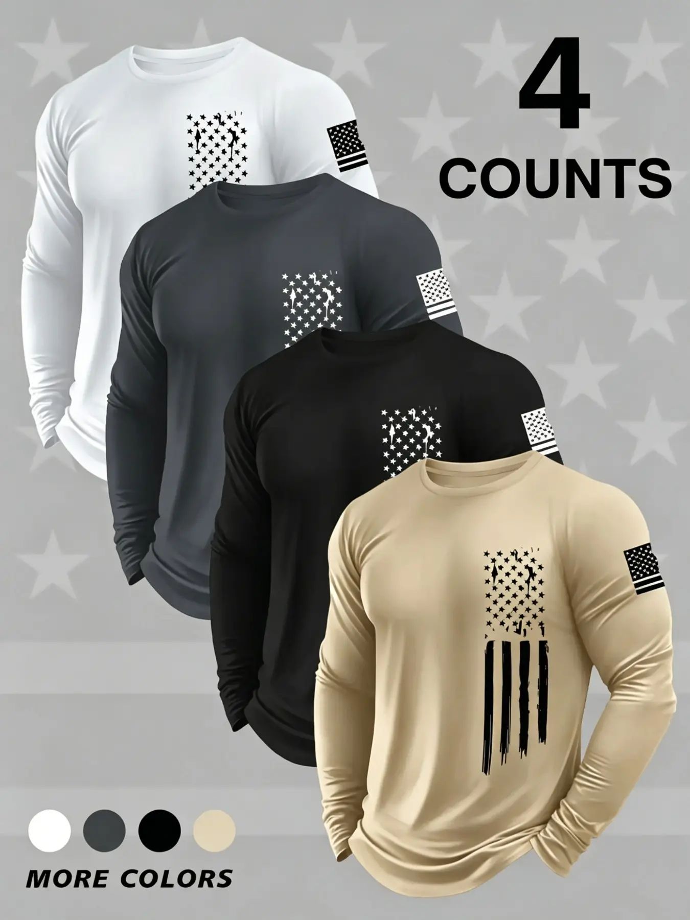 Men's Round Neck Long Sleeve T-Shirts, Casual Knitwear Top, Slight Stretch, Flag Print, Quick Dry, Gym, Running, Outdoor Activities
