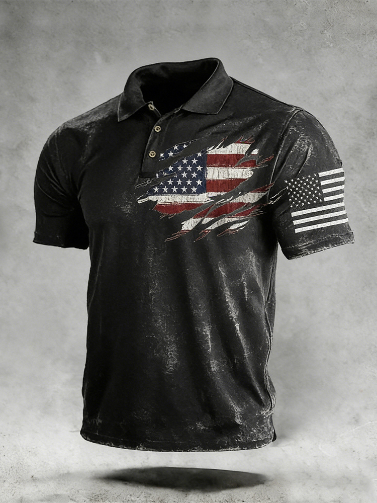 Men's Retro Independence Day Flag Printed Short sleeved Polo Shirt