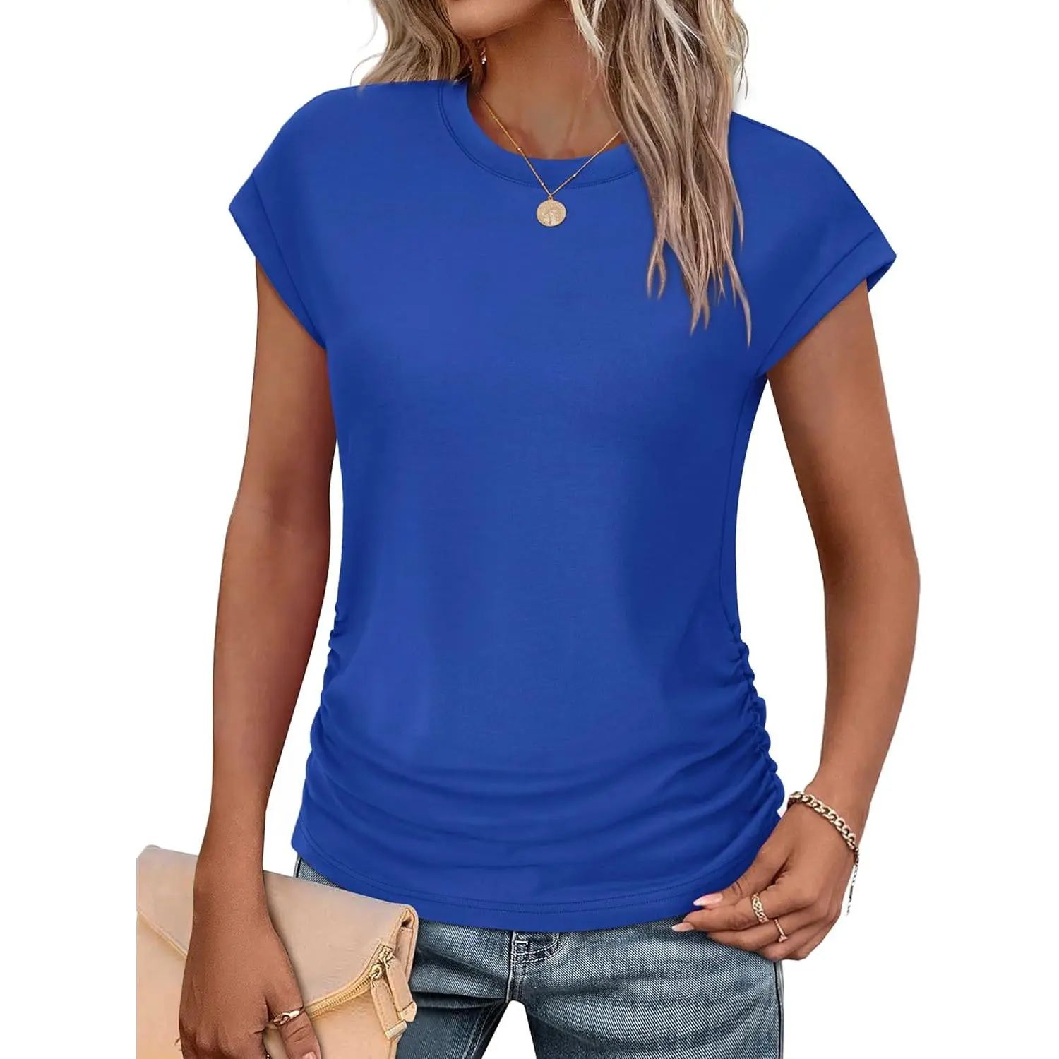 Womens Summer Tops Trendy 2026 Ruched Cap Short Sleeve Tshirts Shirts Crew Neck T Shirts Fashion