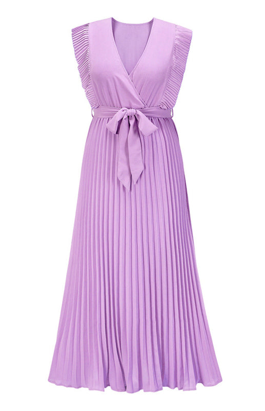Beach Lotus Leaf Sleeve Chiffon Pleated Skirt Solid Color Dress