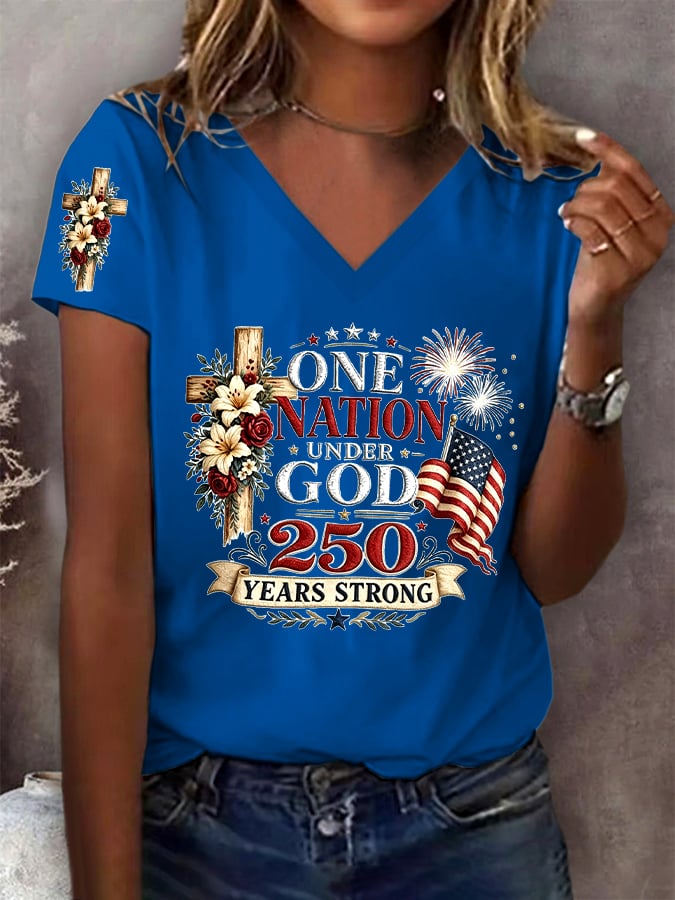 Women's One Nation Under God 250 Years Strong Print V Neck T-shirt