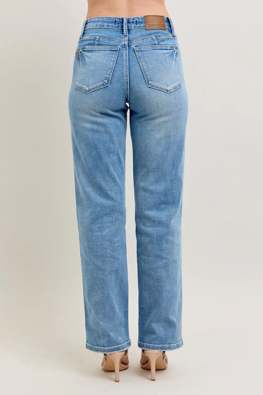 Blue Full Size Tummy Control Vintage Wash Straight Jeans Plus Size