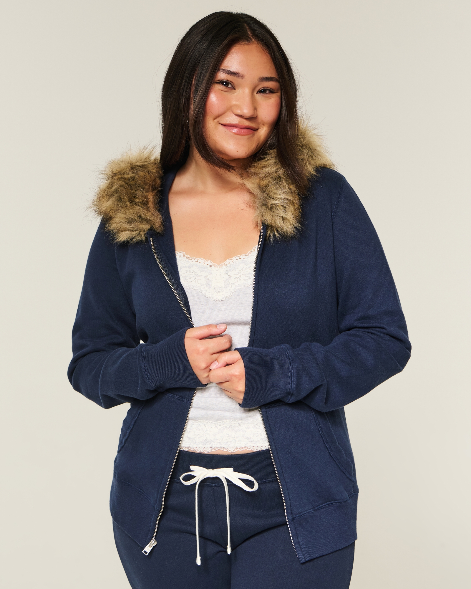 Faux Fur Trim Zip-Up Hoodie