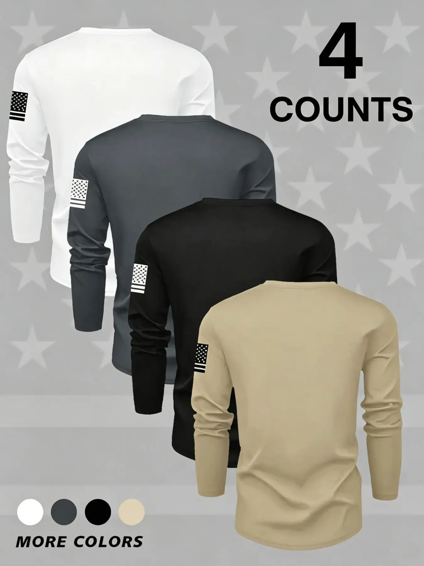 Men's Round Neck Long Sleeve T-Shirts, Casual Knitwear Top, Slight Stretch, Flag Print, Quick Dry, Gym, Running, Outdoor Activities