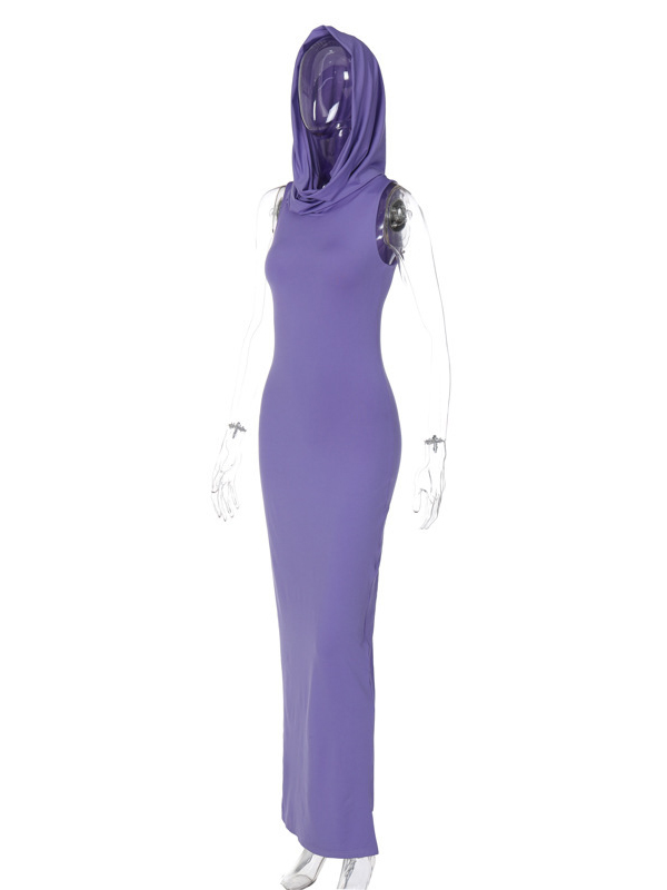 Hooded Solid Color Split-Back Bodycon High Waisted Maxi Dresses