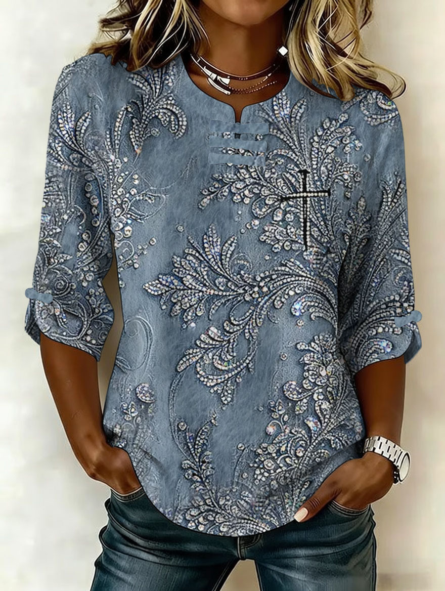 Women'S Retro Faith Flower Art Cotton And Hemp Printing Design Casual T-Shirt