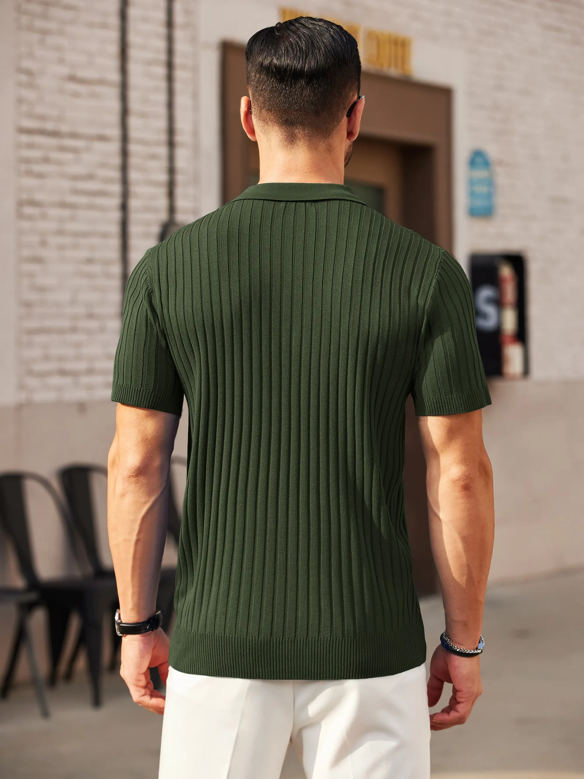 New York Fashion Week Men's Zipper Polo Shirts Short Sleeve Ribbed Knit Polo T Shirts