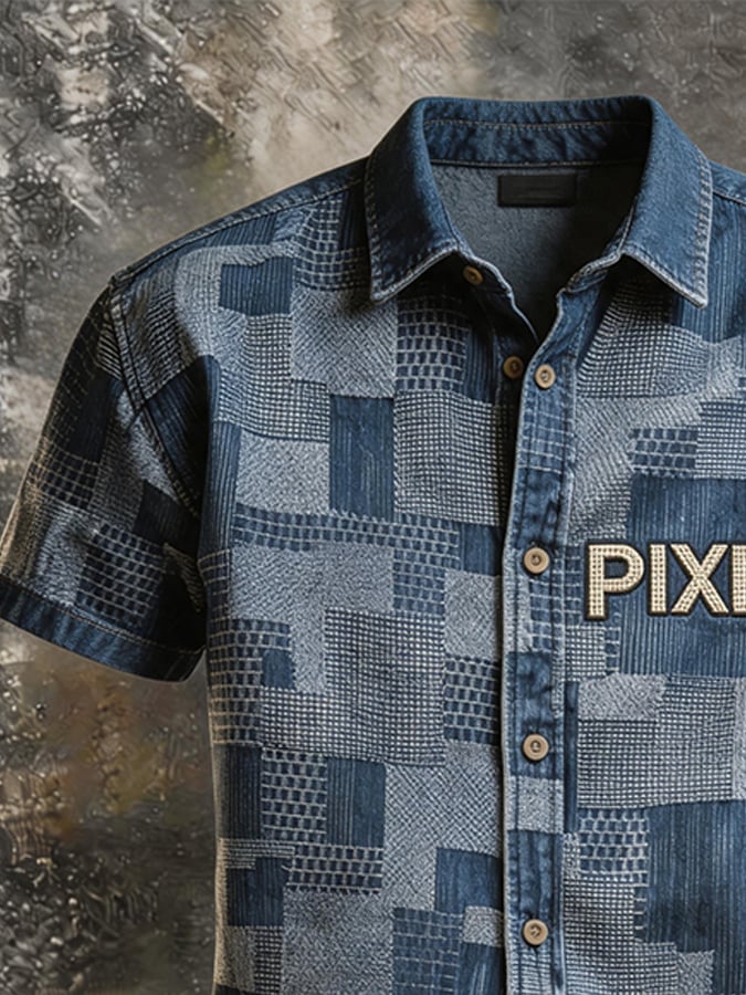 Men's Pixel Plaid Patchwork Denim Short Sleeve Shirt, PIXEL Letter Embroidery Lapel Collar Vintage Button Down Casual Streetwear Top