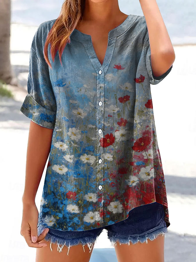 Women's Vintage Flag Flowers Print Button-Down Shirt