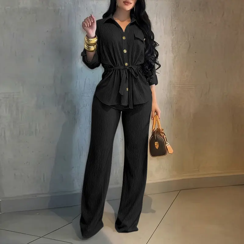 Women's 2 Piece Outfit Vintage Textured Drawstring Waist Turn-down Collar Button Down Top & Elastic Waist Wide Leg Pants Set