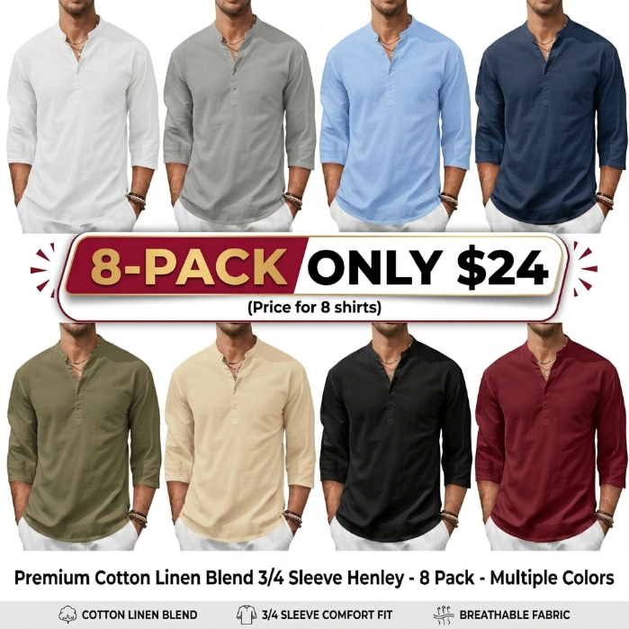 🌴🌴  Men's Coastal Henley Linen Blend Shirt – 3/4 Sleeve Summer Essential