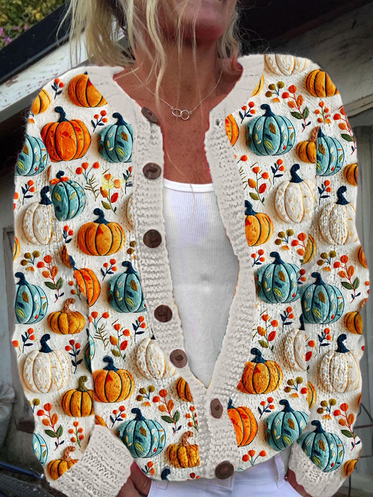 Women's Halloween  Thanksgiving Pumpkin Knit Cardigan