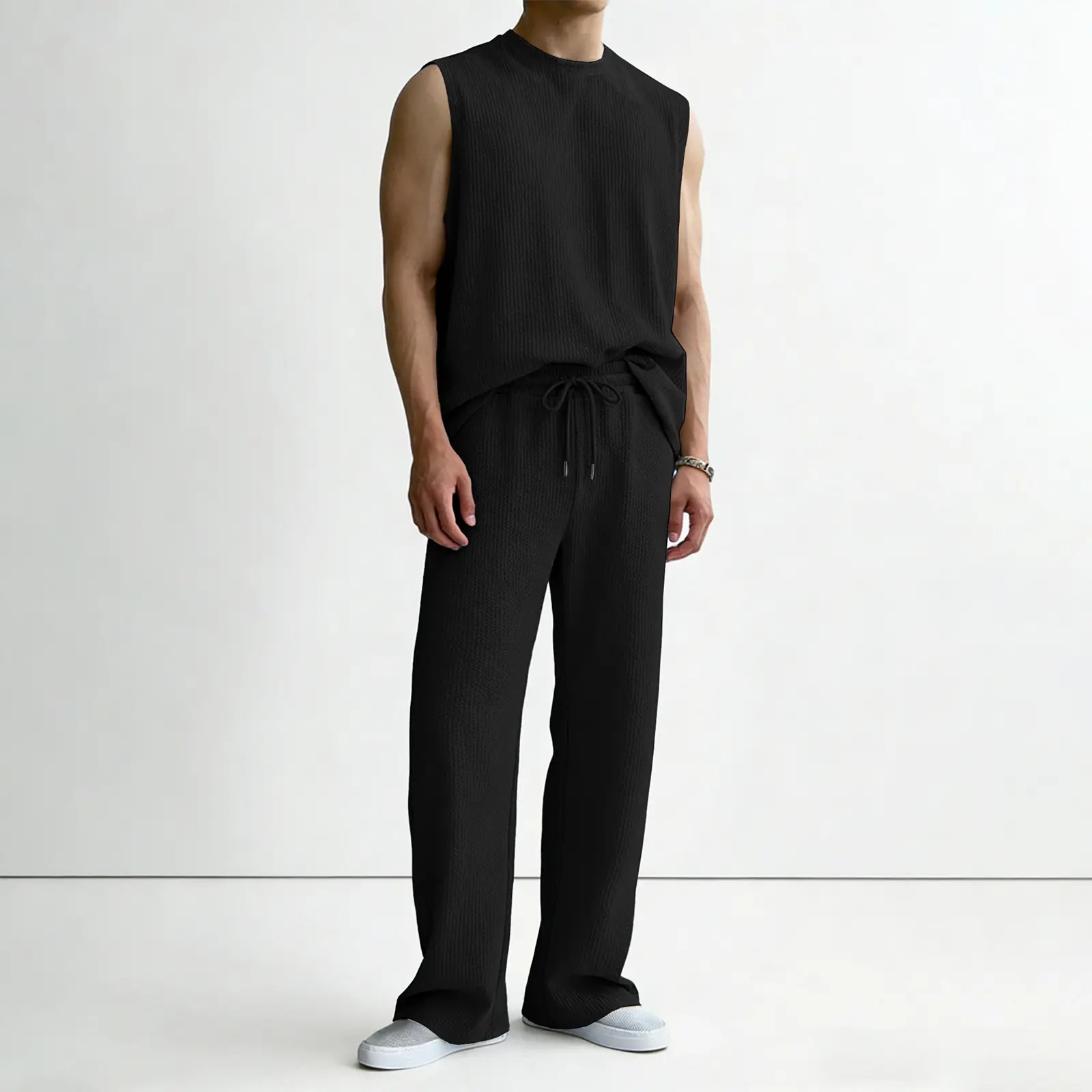 Men's Rib Knit 2 Piece Outfit Sleeveless Tank Top & Baggy Wide Leg Pants
