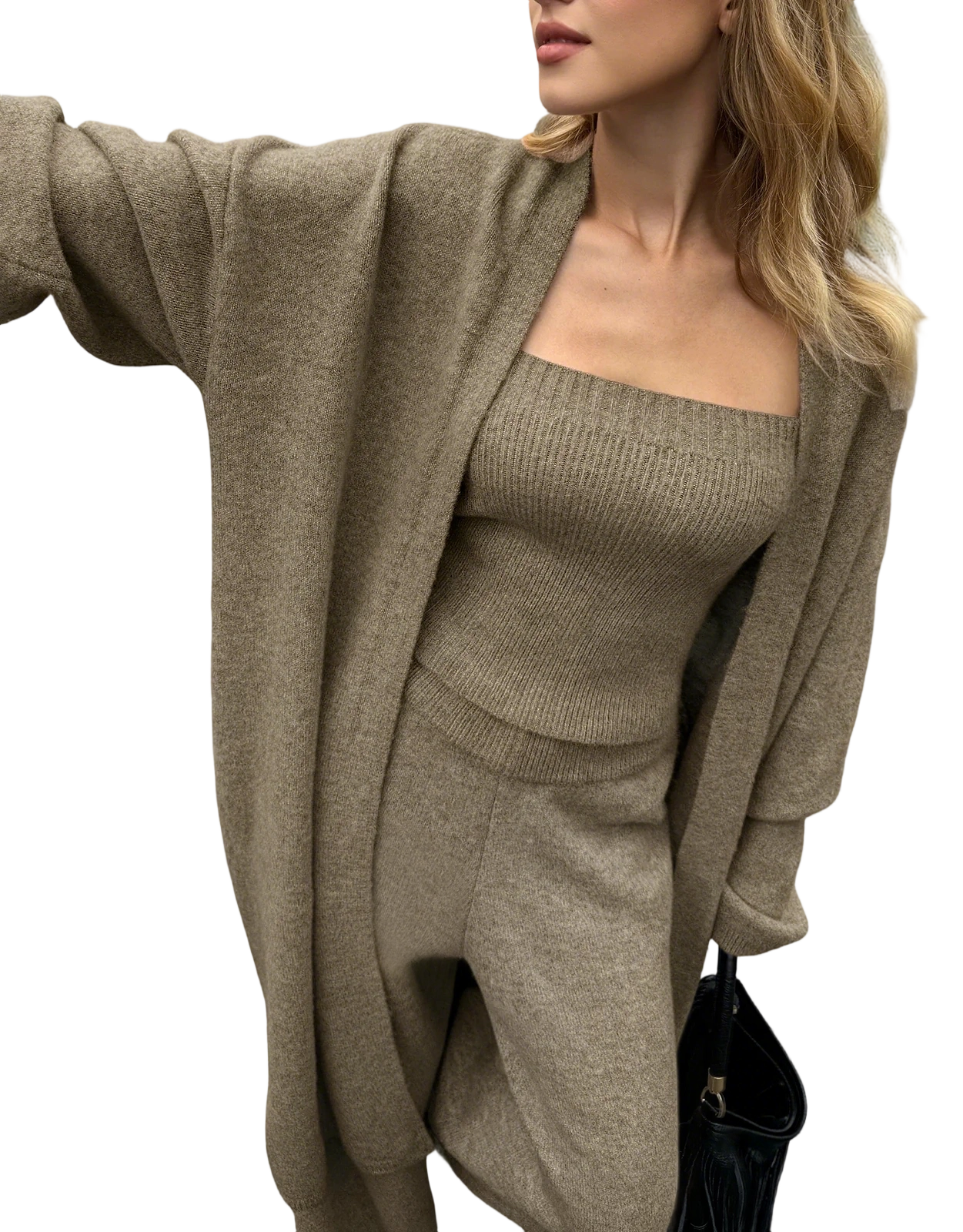 Three-Piece Knit Bustier Cardigan Pants Set