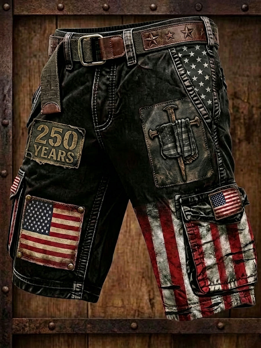 Men's Independence Day USA Flag Print Denim-Like Cargo Shorts