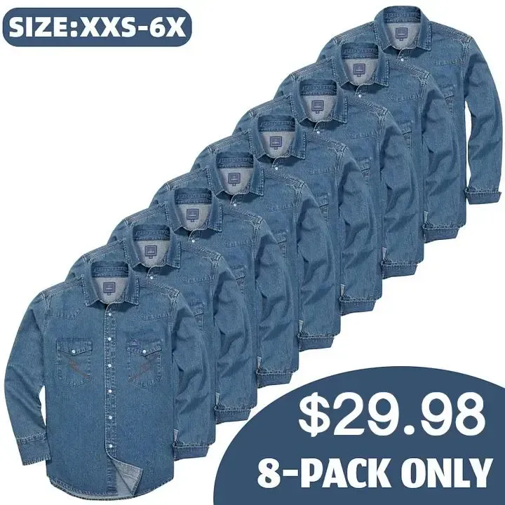 🔥🔥16-PACK-$38.8🔥Men's Long Sleeve Stone-Washed and Pre-Washed Denim Work Shirt