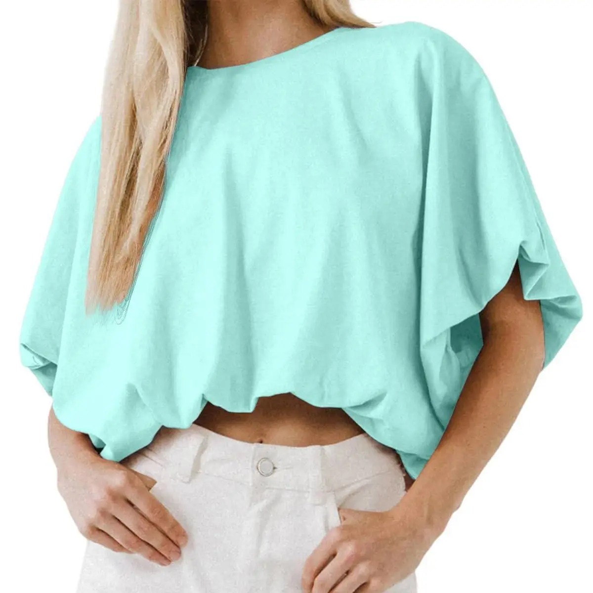 Women's Slouchy Dolman Sleeve Crop Top – Soft & Flowy Casual Summer Tee